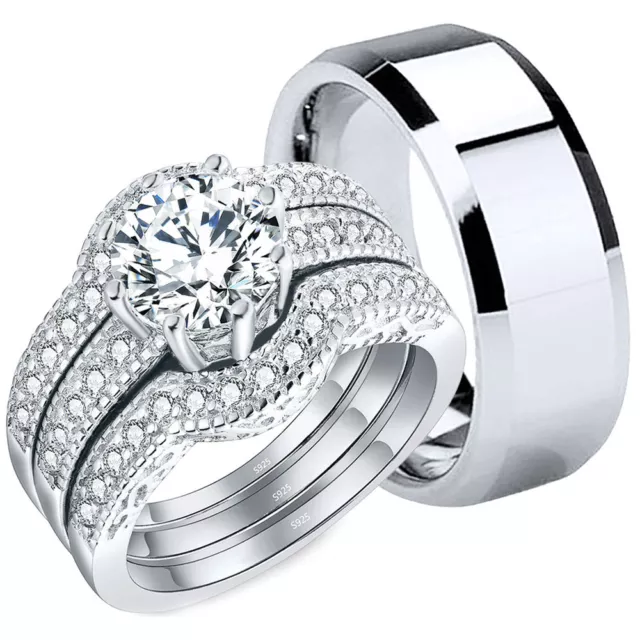 His Stainless Steel Hers Sterling Silver CZ Wedding Engagement Ring Bridal Set