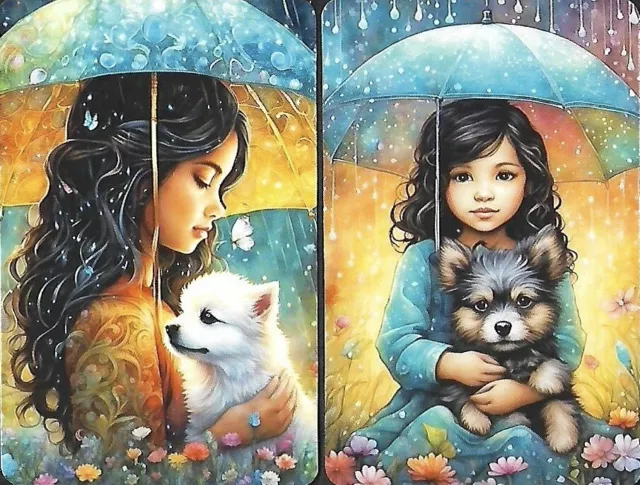 MODERN BLANK BACK SWAP CARDS. 2 Single Cards. GIRLS UNDER THE BROLLY WITH PUPPY