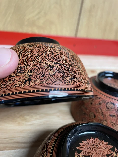 SET OF 3 Burmese Lacquer Bowls Cups Hand Painted Lacquerware Asian Myanmar 10