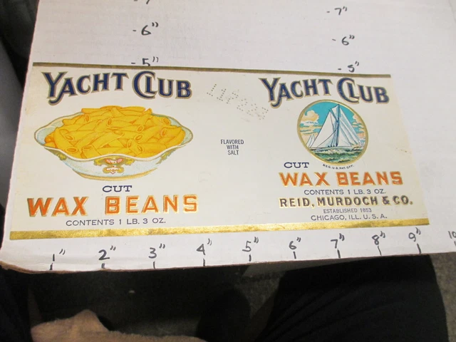 YACHT CLUB wax beans 1930s metal tin can food embossed paper label Reid Murdoch