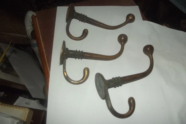 Set of 3 Antique Brass Coat and Hat Hooks