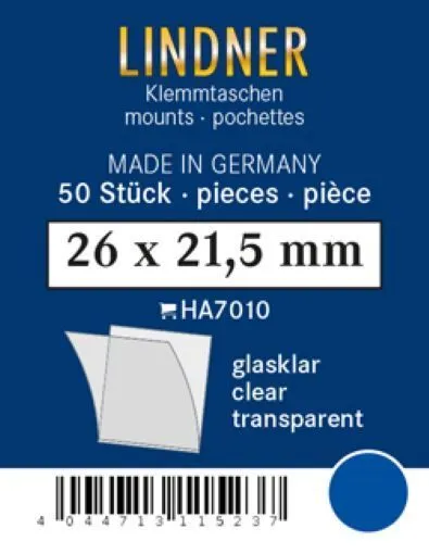 Lindner Klemmtaschen-Zuschnitte Klar 26 x 21,5 mm (50 Stück) HA7010 Neu