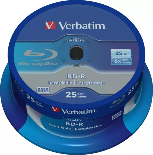 25 Verbatim Blu Ray 43837 25GB 6x Speed Non Printable Spindle Blank BD-R discs