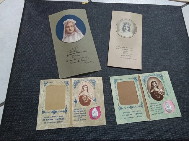 Rare Reliquaire Tissus Sainte Thérèse + 3 Médailles Vierge Et Sainte - Occasion