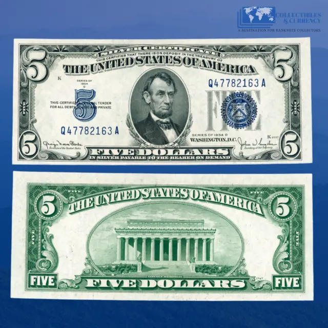 1934D $5 Five Dollars Bill Silver Certificates Blue Seal, Q/A Block, CU #82163
