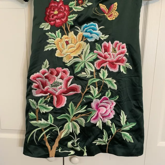 Zeraco Women’s XL/12 Trad Chinese Dress NWT Dark Green Embroidered Floral.   K 3