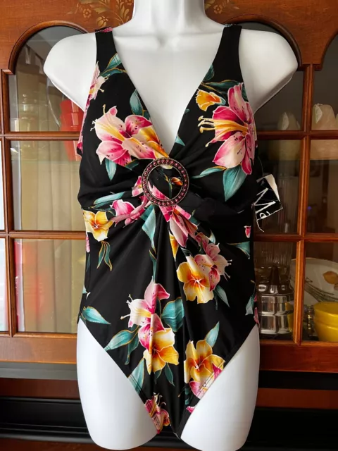 NWT MAGICSUIT by MIRACLESUIT SIZE 12 BLACK TROPICAL LILLY FLORAL SWIMSUIT TANK