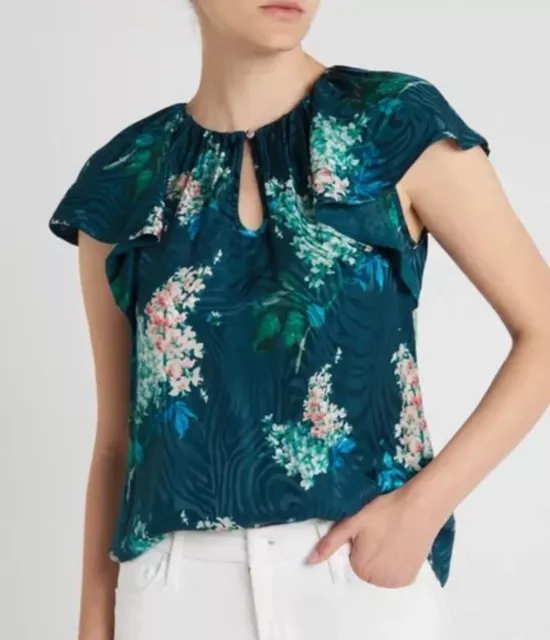 REBECCA TAYLOR BLUE GREEN HYDRANGEA SILK-BLEND TOP SIZE XS, Excellent Condition