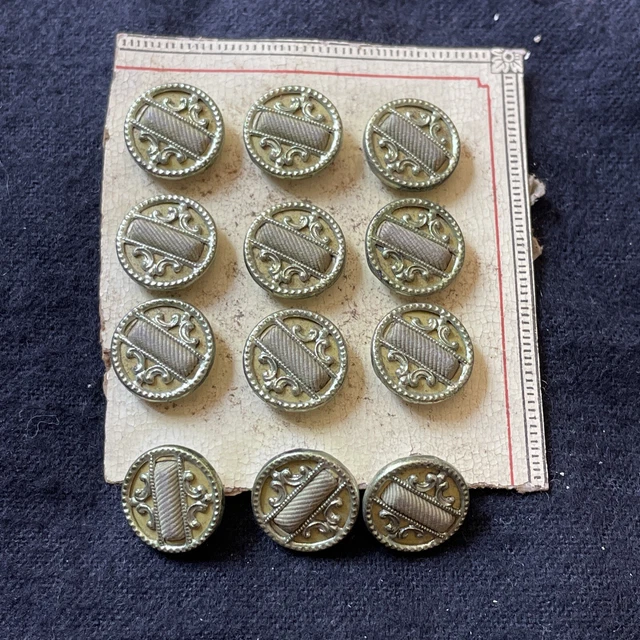 12 Antique Victorian Metal Picture Buttons 9/16ths” Green tint