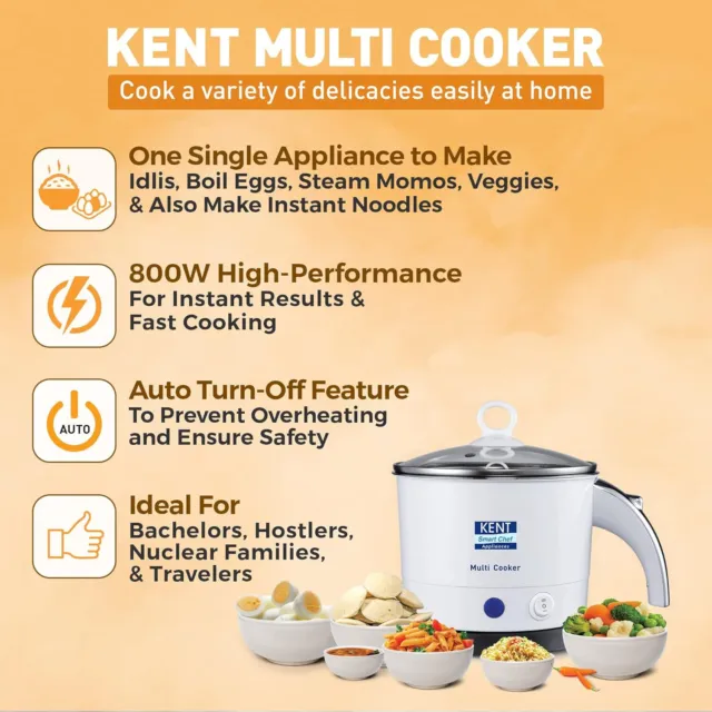 KENT Kettle Multicooker Cum Steamer 1.2 L 800W Cool Touch Outer Body 3