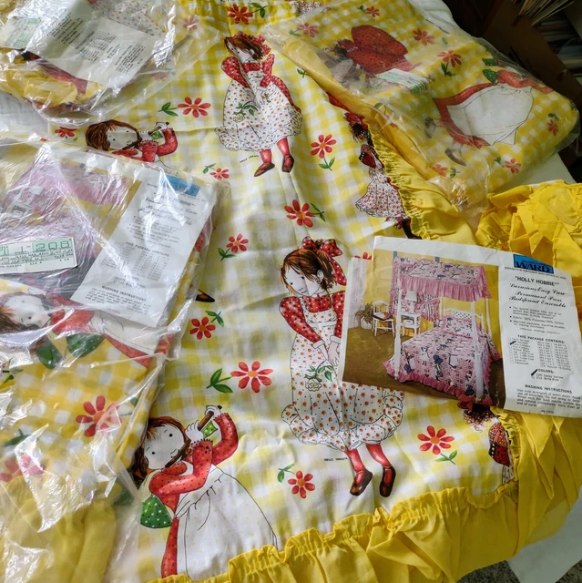 1970s Holly Hobbie Bedspread Set w/Canopy Sham 4 Curtain Panels 4 Tie Backs NEW