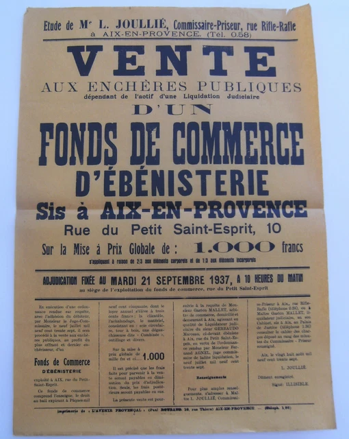 Affiche vente enchère fond de commerce ébénisterie 1937 vintage rétro