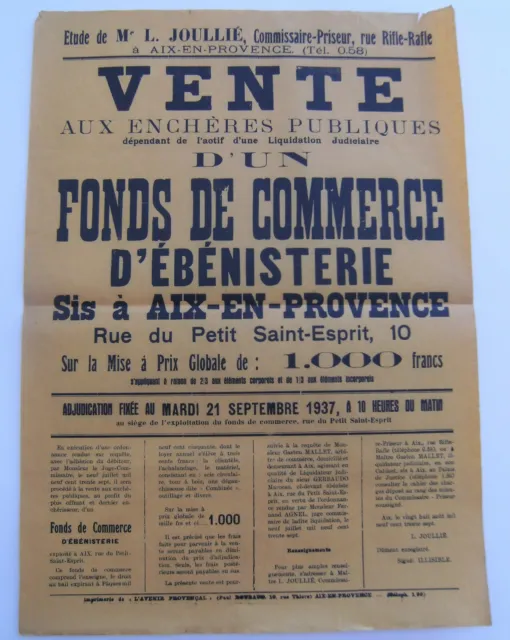 Affiche vente enchère fond de commerce ébénisterie 1937 vintage rétro