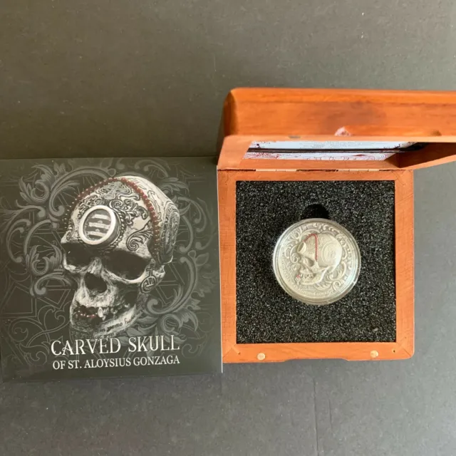2018 Cameroon 1-oz Carved Skull of St. Aloysius Gonzaga Antique Silver Coin