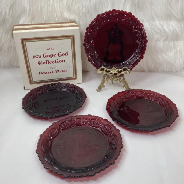 4 Dessert Plates - Vintage Avon 1876 Cape Cod Ruby Red Glass with Boxes