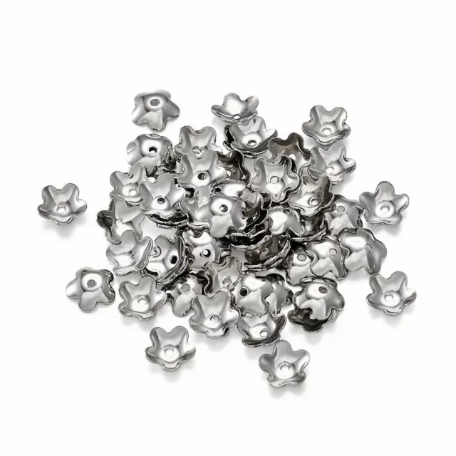 100x Stainless Steel Flower Bead Caps Metal Smooth 5-Petal Spacer Beads 6x2mm