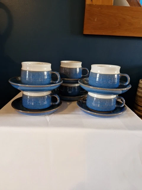 DENBY LANGLEY CHATSWORTH Blue Cups and Saucers Set of 6 Excellent ...