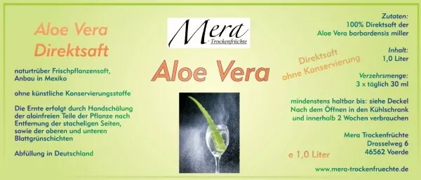 6x1 Liter Aloe Vera-Saft (Glasflasche), 100% Direktsaft