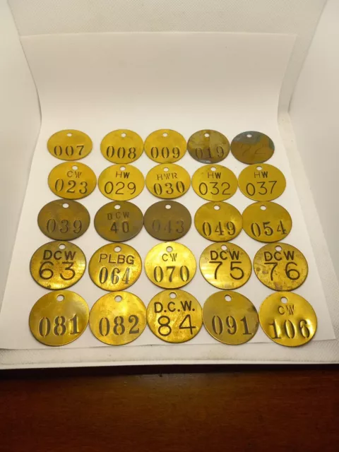 Lot Of 25 Vintage 1.5" Round Brass Tags Misc Numbers Industrial Steampunk