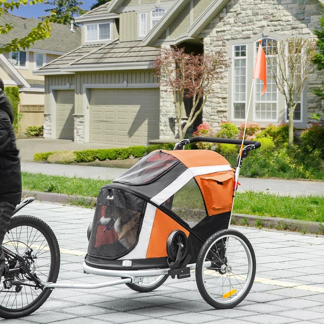 Remolque y cochecito de bicicleta 2 en 1 para perros, plegable con correa de seguridad - naranja