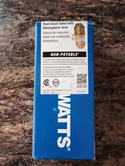 Brand New - Watts 1/2" 9D-M3 (0950053) Dual Check Valve ,W/ Atmos. Vent