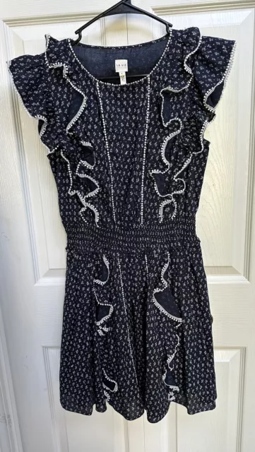 $350 La Vie Rebecca Taylor Ikat Ruffle Dress SZ S Navy White Cotton Never Worn 3