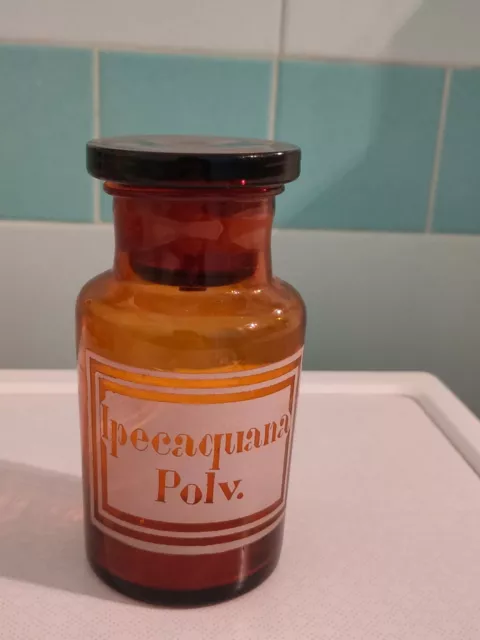 ANTICO VASO CONTENITORE Laboratorio Farmacia IPECAQUANA POLV. in vetro ambrato