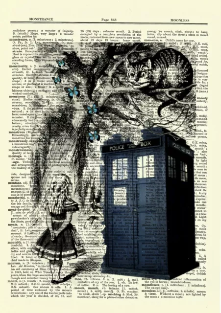 Alice in Wonderland & Tardis Booth Dictionary Art Print Picture Butterflies Gift 2