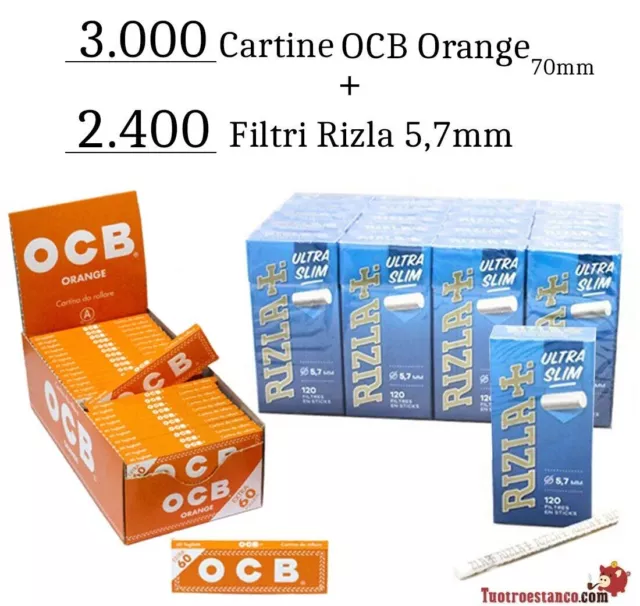 3 000 Cartine OCB Arancione 70 mm + 2 400 Filtri Rizla 5,7 mm
