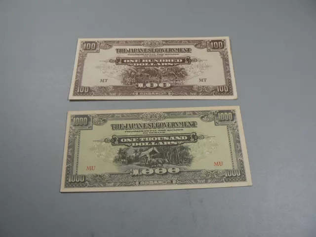 WWII Japanese Invasion Money Malay JIM 100 & 1000 Dollars Lot of 2 Notes