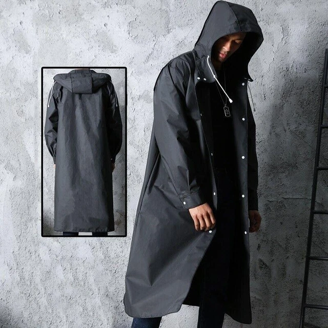 Men Black Waterproof Long Raincoat Rain Coat Hooded Trench Jacket Outdoor Hiking