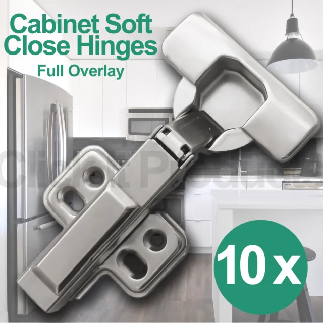 10 x Soft Close Cabinet Door Hinges Full Overlay Clip on Cupboard Hydraulic