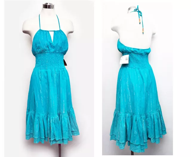 TAGS Vintage Halter Peasant Dress 1980s Route 66 Blue Teal Sun Dress 1970s small