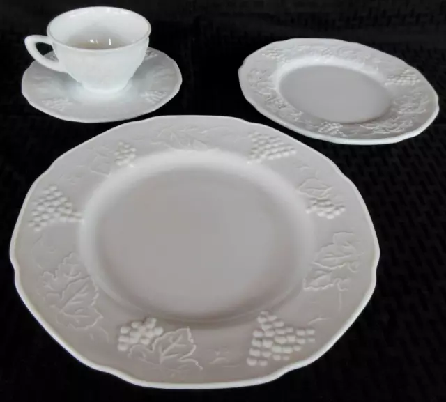 Indiana Colony Milk Glass White Harvest Grape Plates, Cups, Saucers 16 piece Set 2