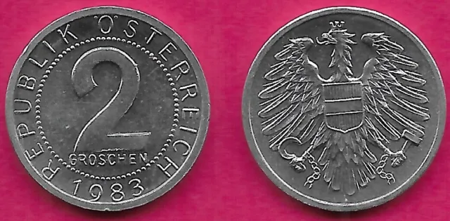 Austria 2 Groschen 1983 Unc Imperial Eagle With Austrian Shield On Breast,Holdin
