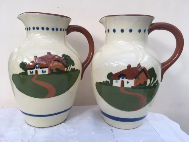 A Pair of Hand-Made Devon Torquay Dartmouth Pottery Motto Ware Large Jugs 7"