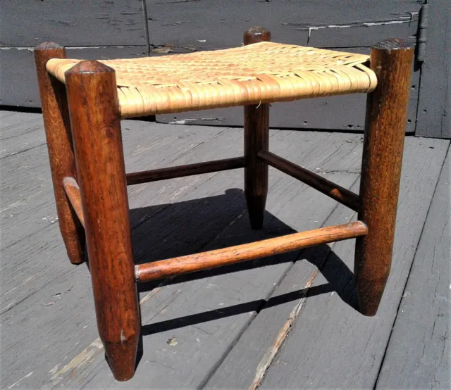 Antique Oak Footstool with Hand Woven Rattan Herringbone Seat 1900s Era