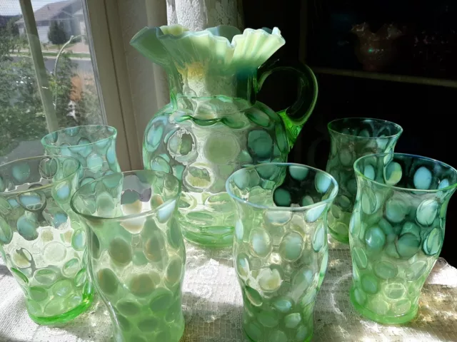 Antique Fenton Lime Coin Dot Opalescent  Pitcher Set! STUNNING!! MINT! GLOWS!!!!