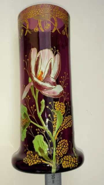 Ancien superbe vase verre violet émaillé décor floral type LEGRAS