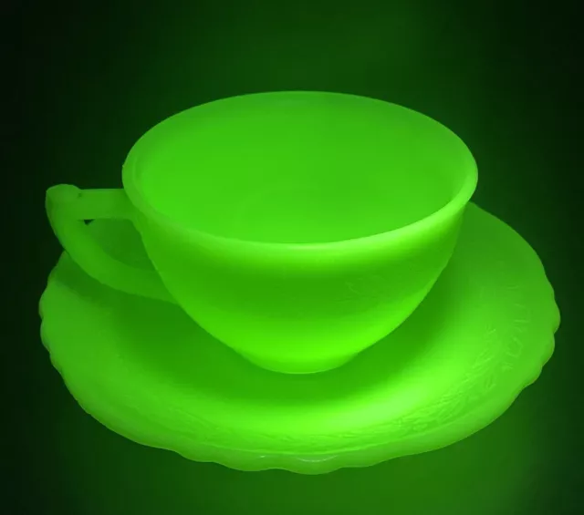 Vintage Cup Of Tea Saucer  Uranium Art Deco Green Glass