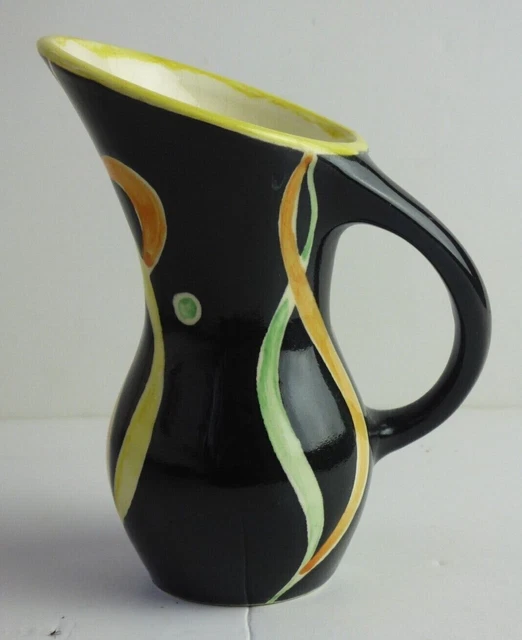 Retro Vintage Jug Vase Black Glaze Atomic Orange Yellow Green Waves Dots Exc