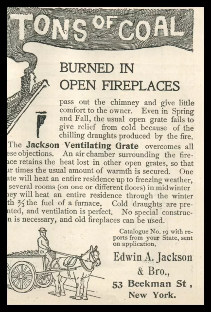 1896 Jackson Ventilating Grate Coal Burn Fireplace Heat Horse Drawn Wagon 8742