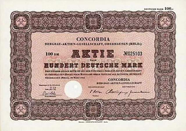 Lot 10 x Concordia Bergbau Oberhausen DM Aktie 1952 Kohlen Bergwerk Zeche Chemie