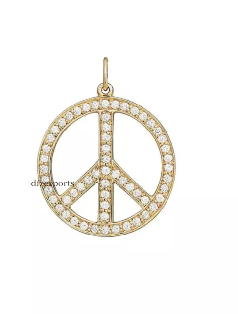 14K Echt Massiv Gold Peace Charm Anhänger Diamant Zeichen Halskette für Damen