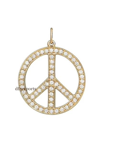 14K Echt Massiv Gold Peace Charm Anhänger Diamant Zeichen Halskette für Damen