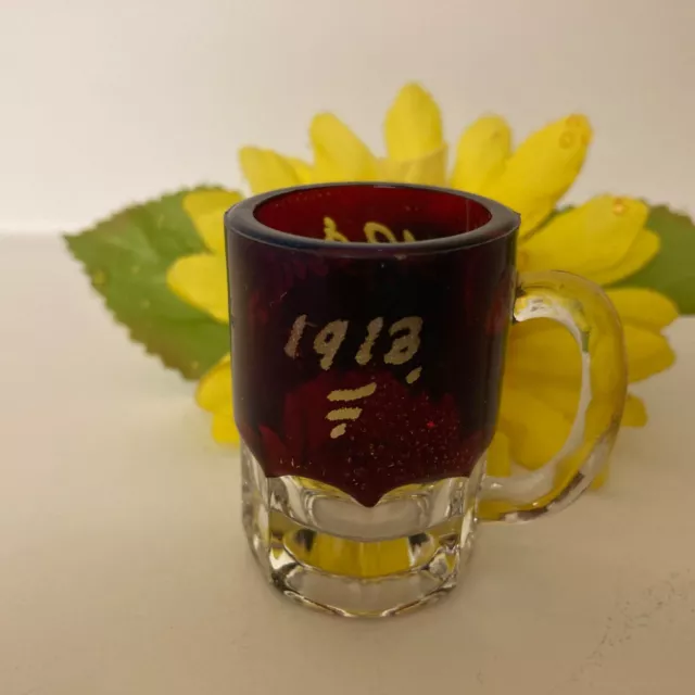 Antique 1913 Red Ruby Flash Glass Souvenir EAPG Shot Glass Mug W. Socall Mi.