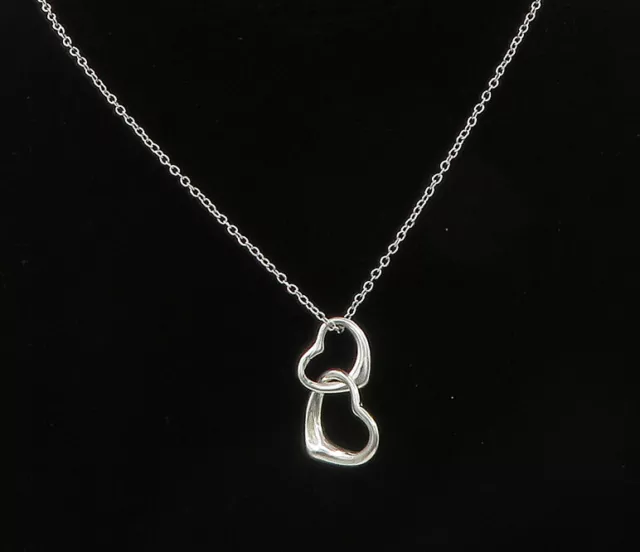 925 Sterling Silver - Vintage Shiny Double Love Heart Chain Necklace - NE3727