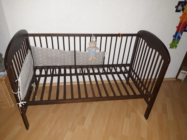 babybett, Kinderbett, Gitterbett Dunkelbraun, Höhenverstellbar