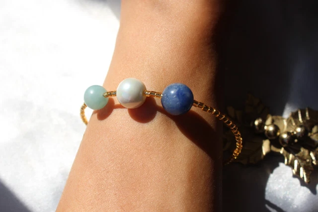 bracelet en pierre naturelle perle nacrée jade verte agate bleue plaqué or 18k