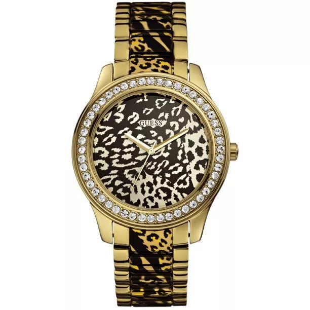 Women's Gold Tone Guess Leopard Print Stainless Steel Crystals Watch U0465L1